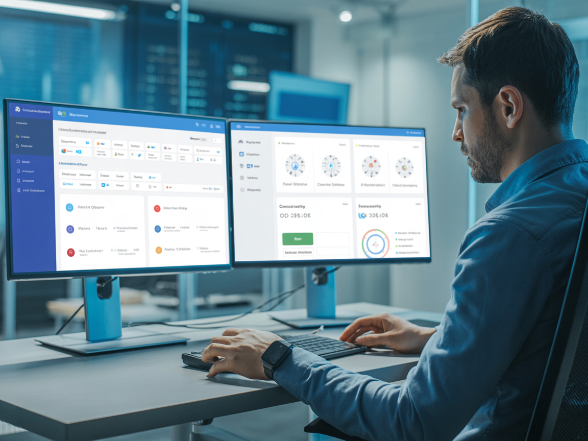 IT specialist working at a desk with multiple monitors showing Microsoft 365 admin panels