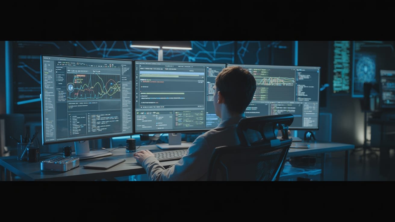Modern tech workspace with multiple monitors